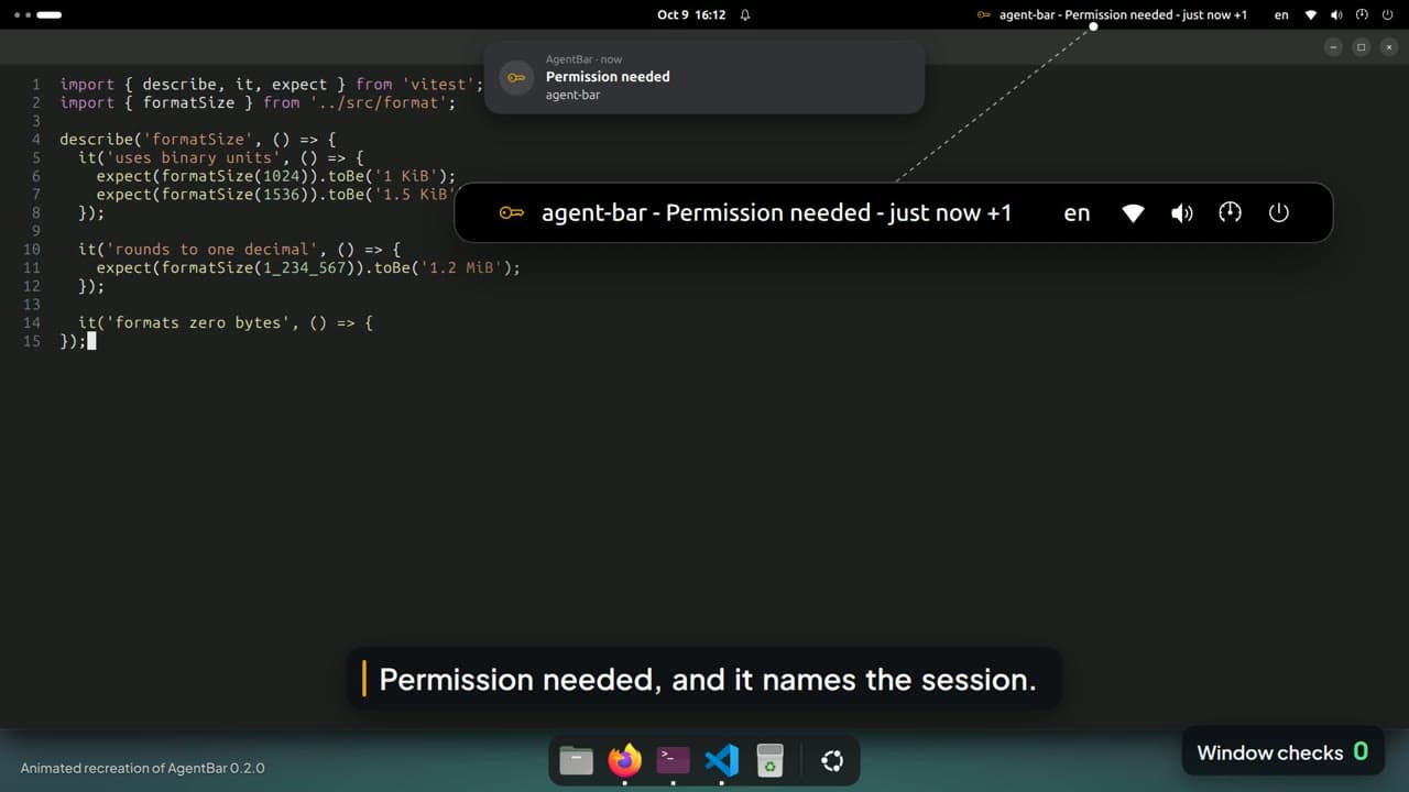 AgentBar launch video: a 'Permission needed' banner and top-bar label for the agent-bar session