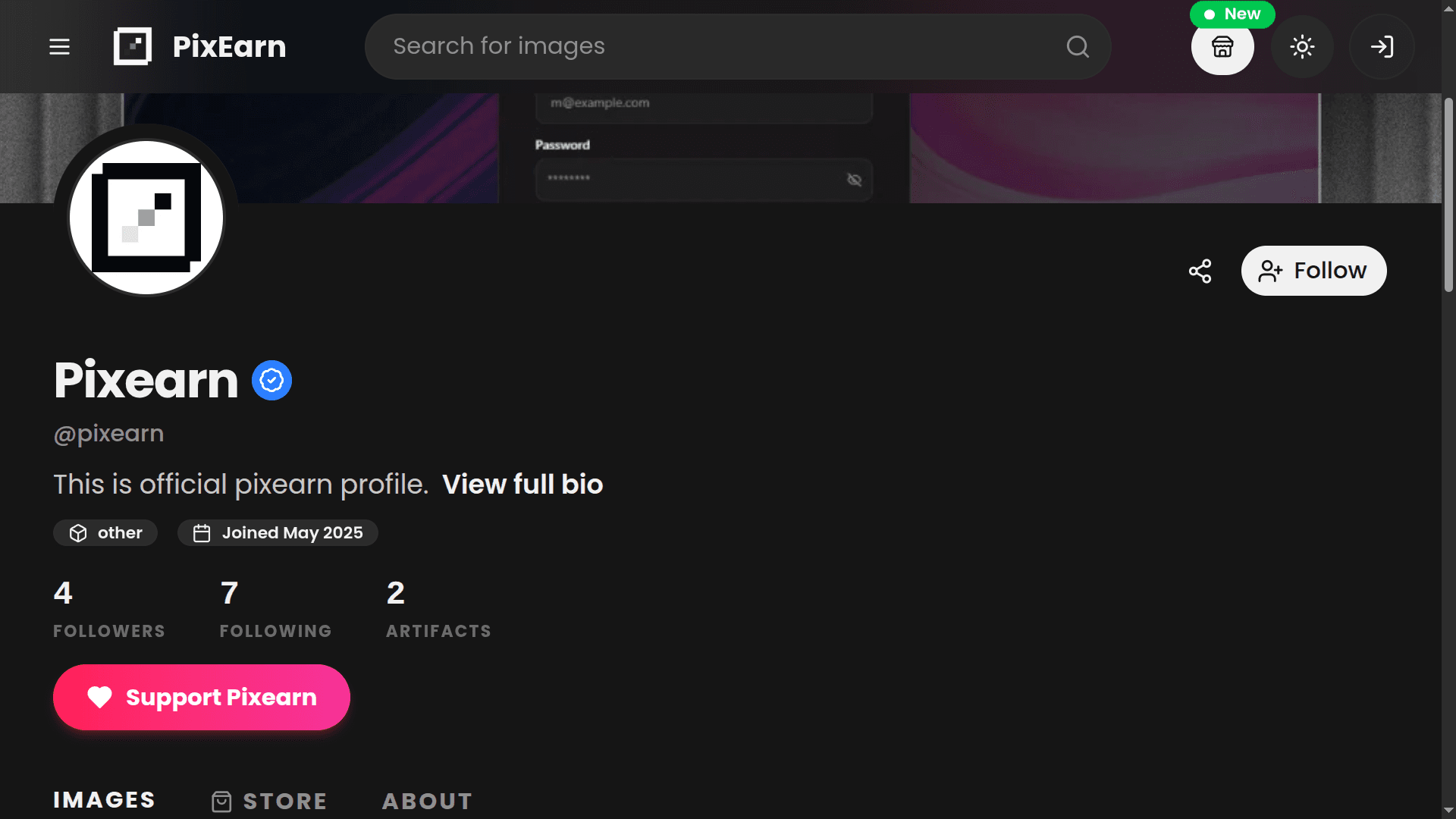 A PixEarn creator profile with follower counts, a Support button, and Images, Store, and About tabs