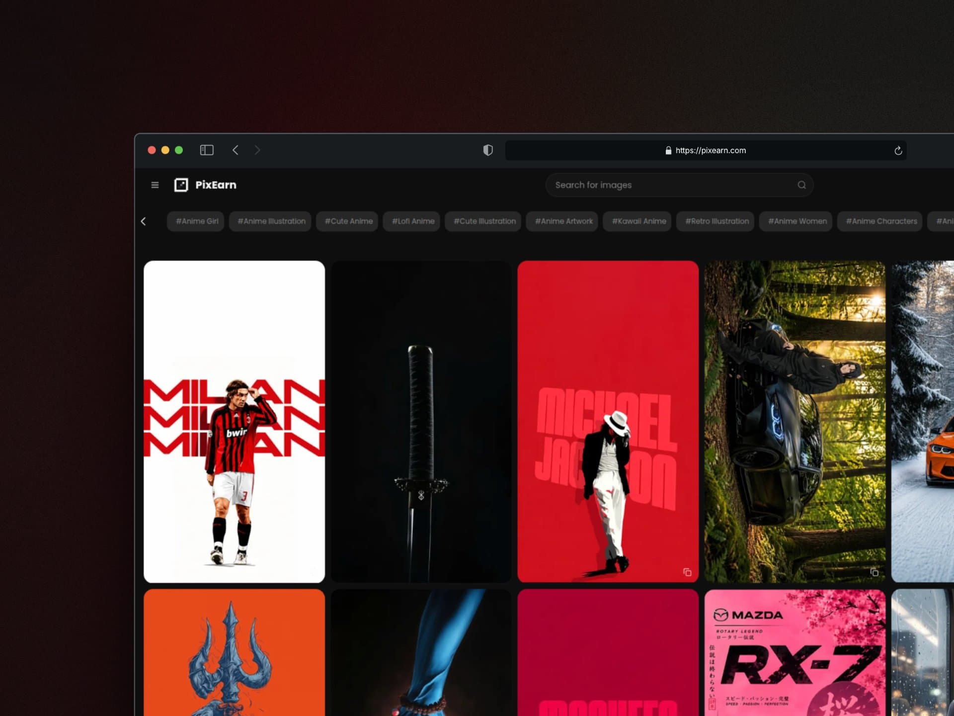 PixEarn's image feed at pixearn.com with tag filters and a wallpaper grid