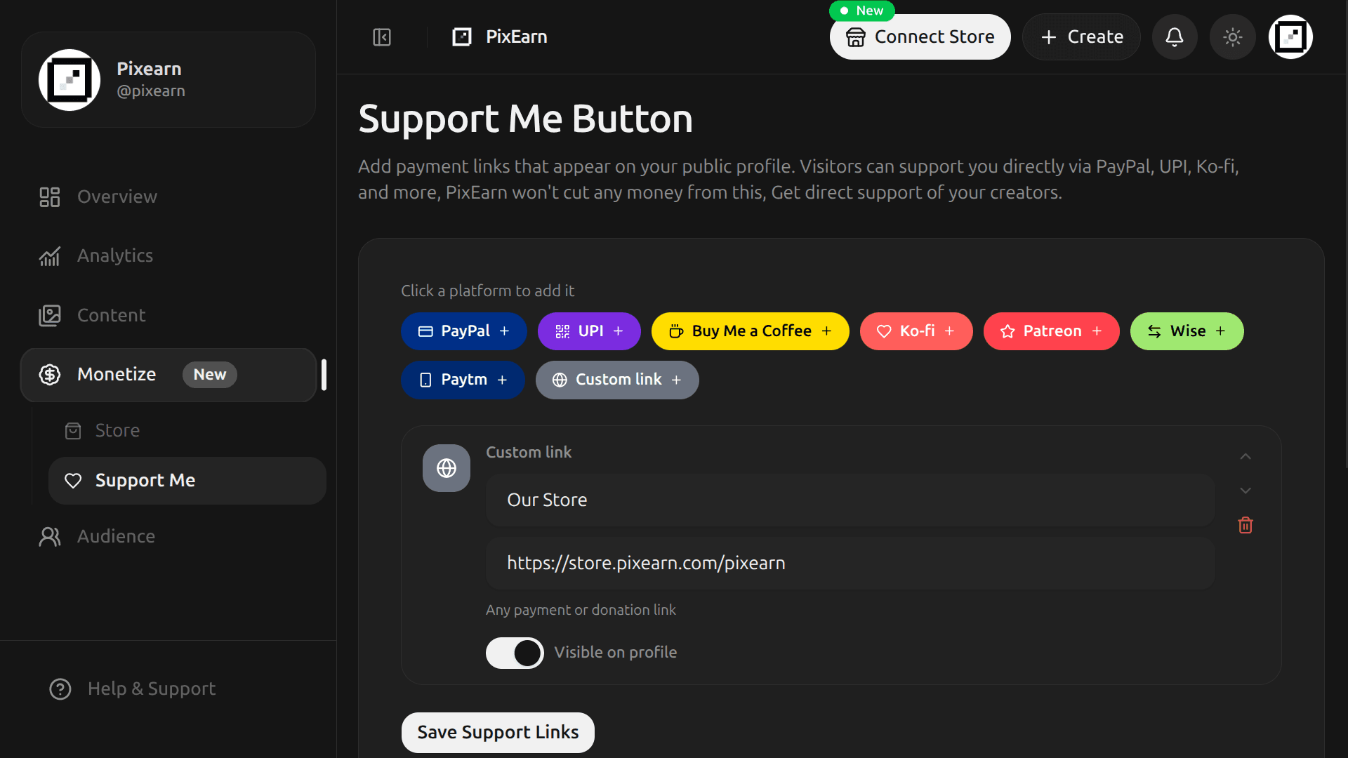 PixEarn creator dashboard showing the Support Me editor with PayPal, UPI, Buy Me a Coffee, Ko-fi, Patreon, Wise, Paytm, and custom link options